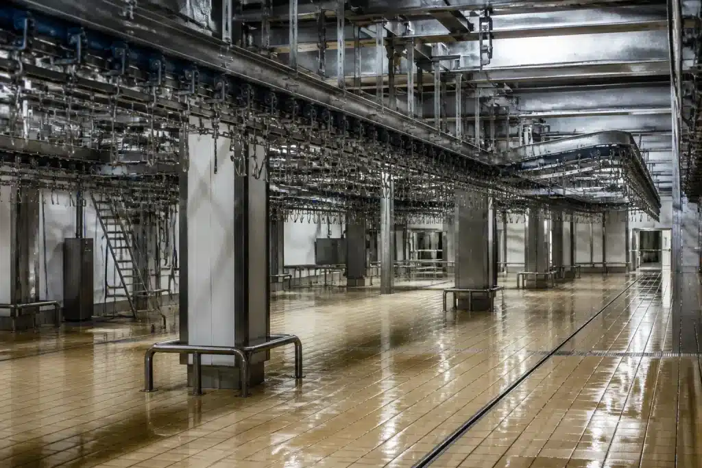 Batiment abattoir vide avec chaines de production immobiles