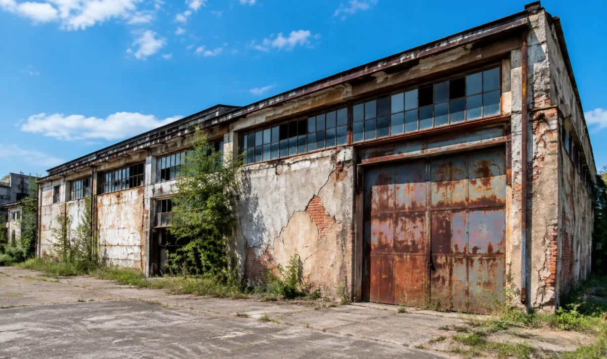 Batiment industriel desaffecte aux portes fermees et murs deteriores