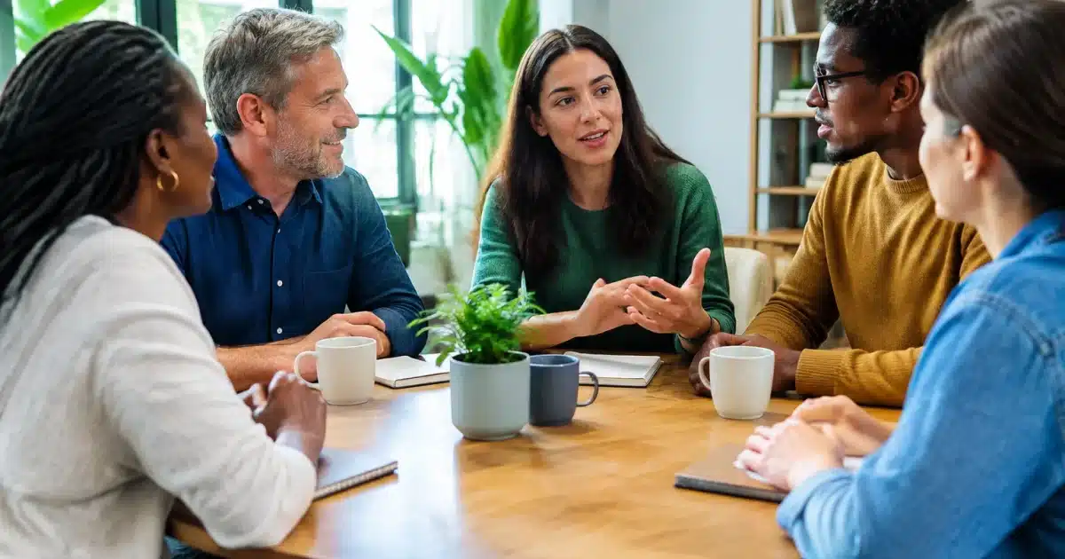 Groupe de citoyens assis discutant autour d'une table ronde