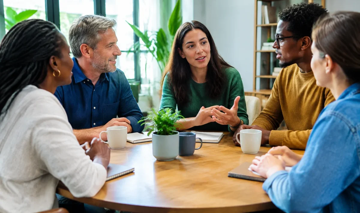 Groupe de citoyens assis discutant autour d'une table ronde