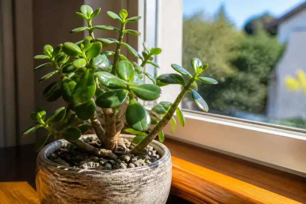 Petit arbre jade pres fenetre lumineuse sud-est