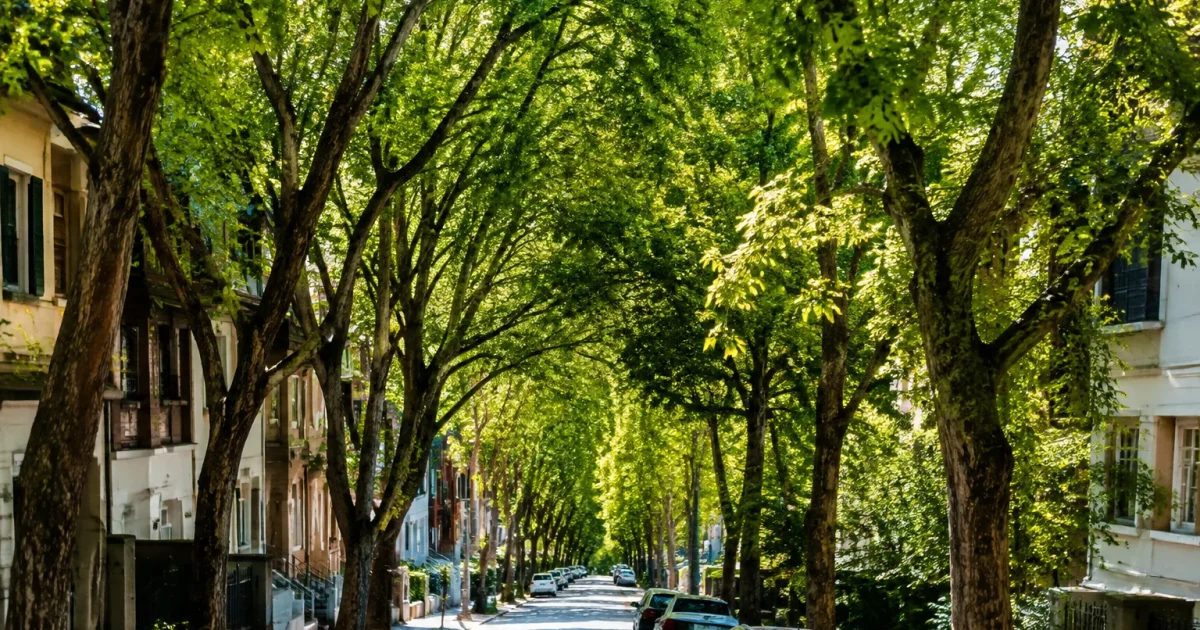 Canopee dense d'arbres surplombant une rue urbaine etroite