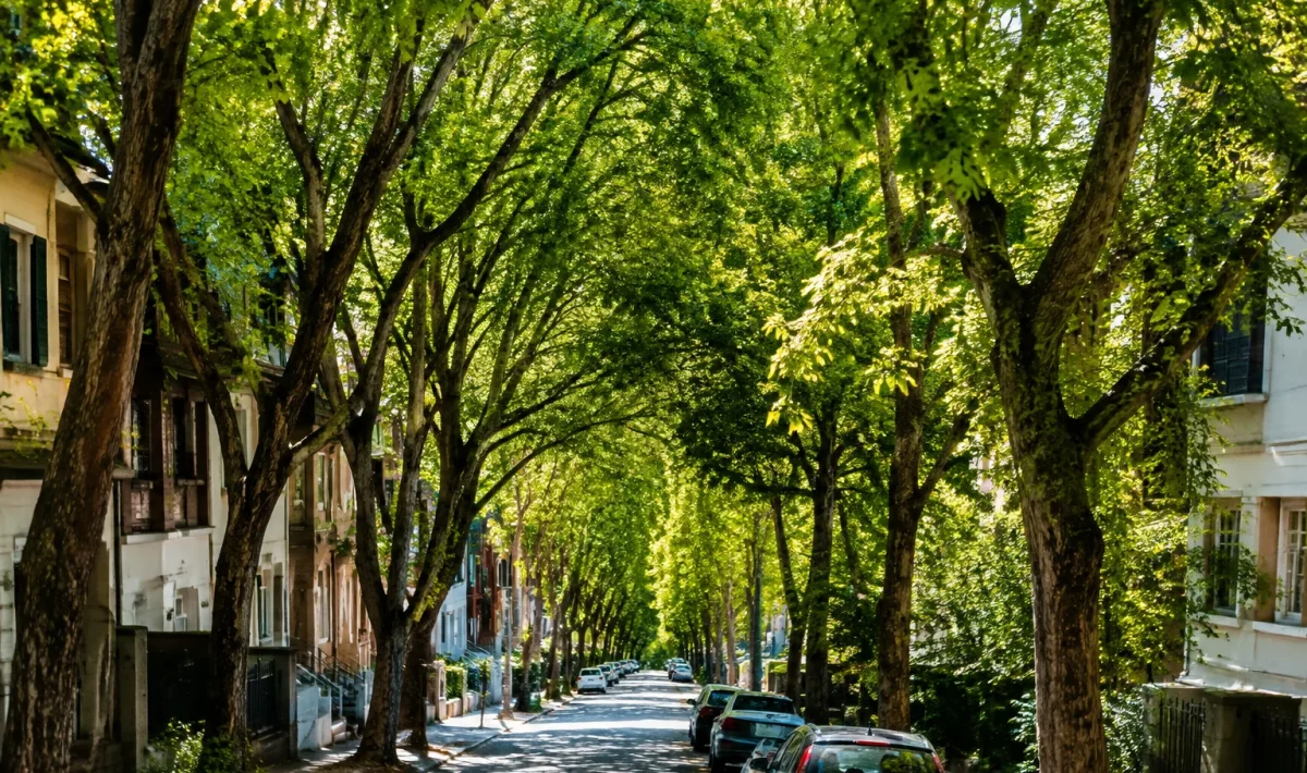 Canopee dense d'arbres surplombant une rue urbaine etroite