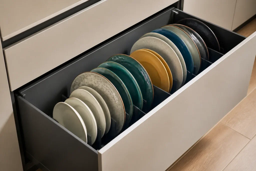 Assiettes debout rangees verticalement dans tiroir