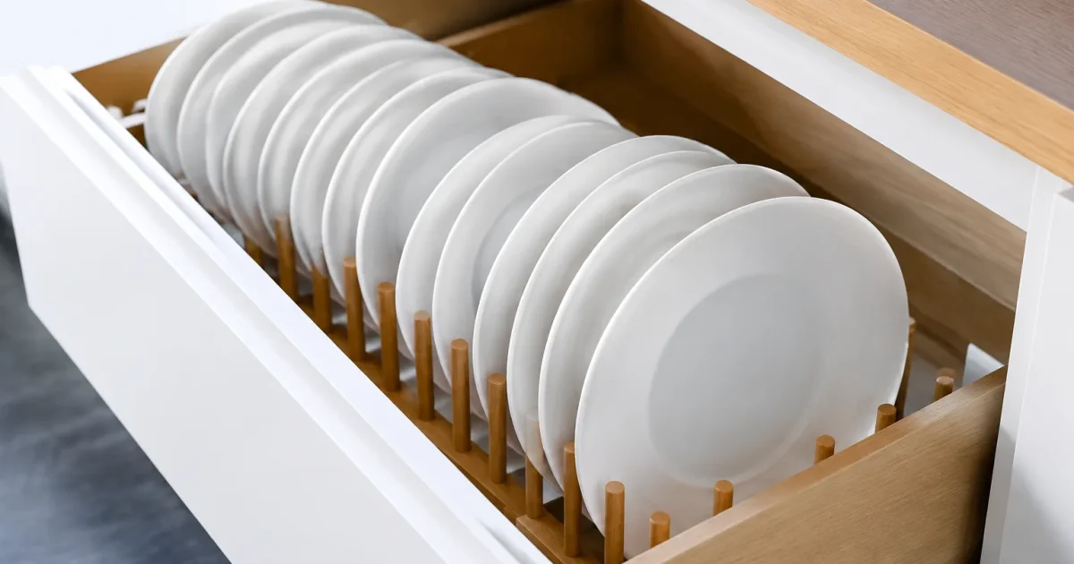 Assiettes blanches rangees verticalement dans organiseur IKEA