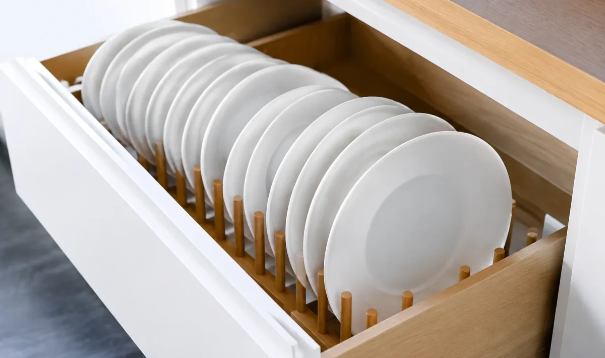 Assiettes blanches rangees verticalement dans organiseur IKEA