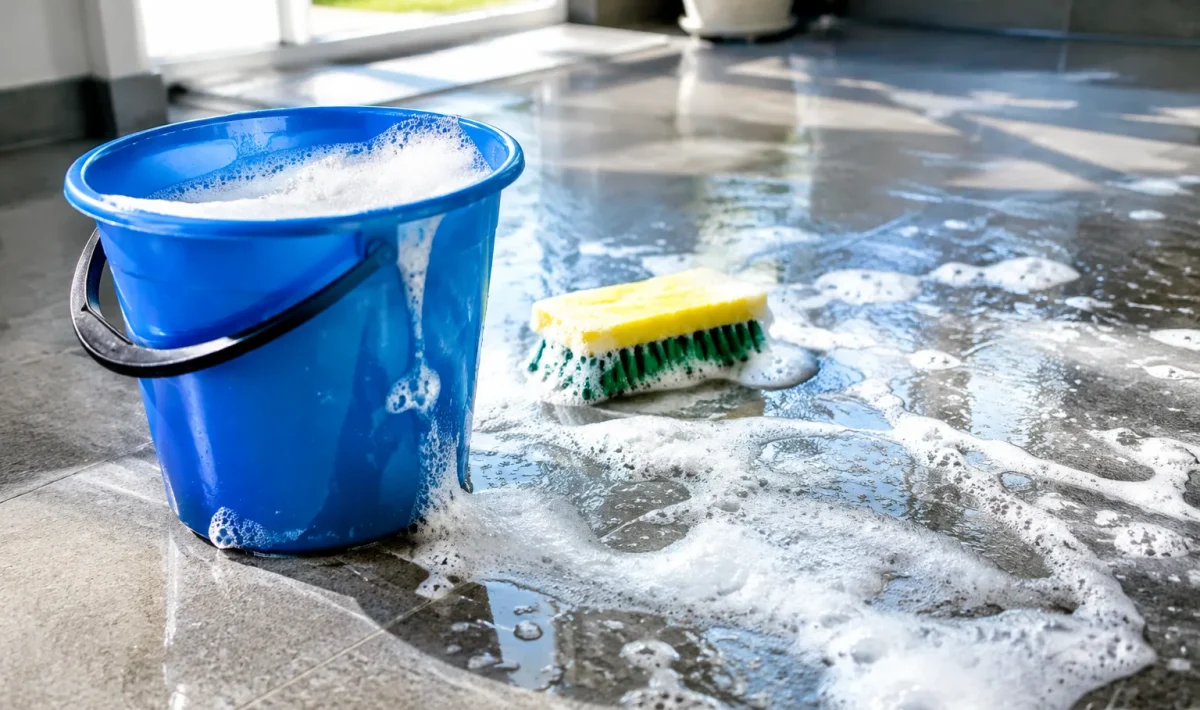Seau d'eau savonneuse avec sol brillant recouvert de mousse blanche