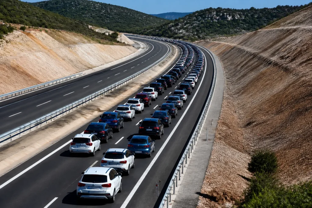 Embouteillage sur autoroute neuve avec voitures alignées