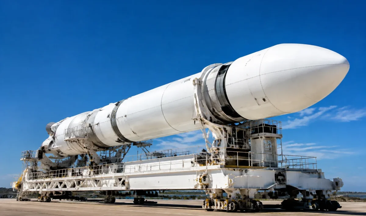 Immense fuselage blanc horizontal supportant structures de lancement satellites