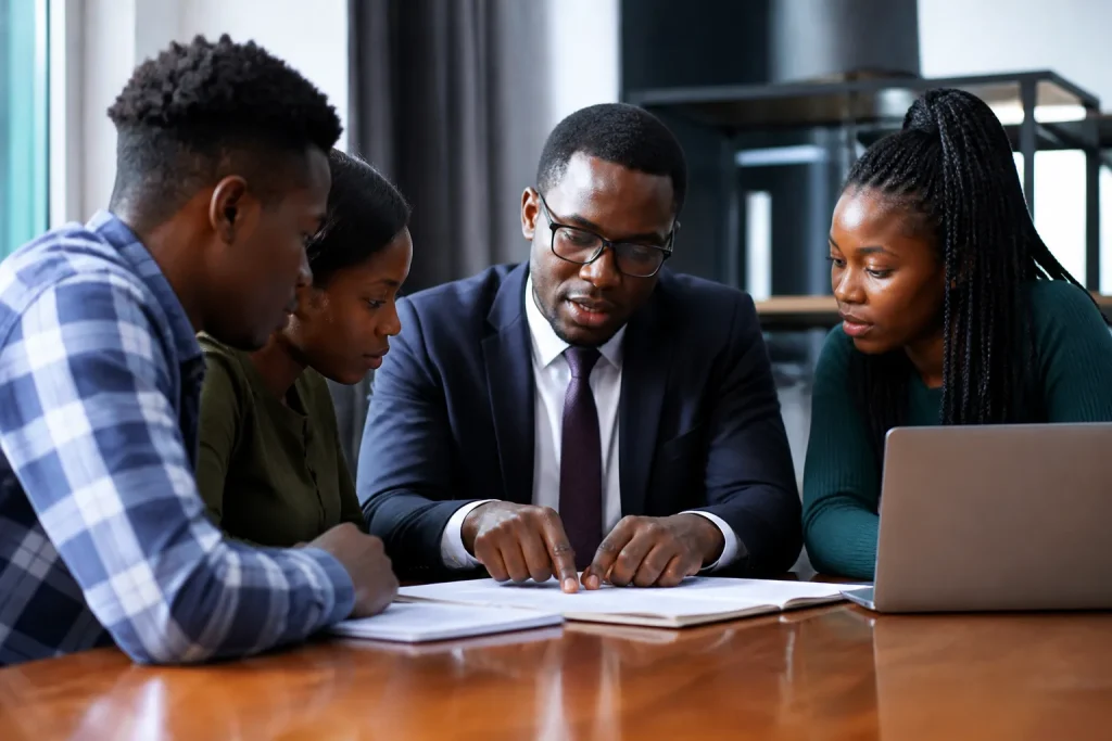 Avocat consultant documents legaux avec plusieurs etudiants assis