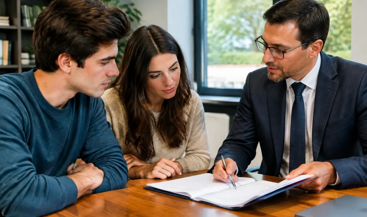 Avocats montrant des documents juridiques a des jeunes gens