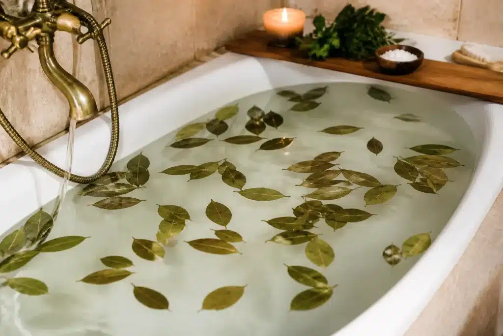 Feuilles de laurier infusant dans une baignoire remplie d'eau chaude