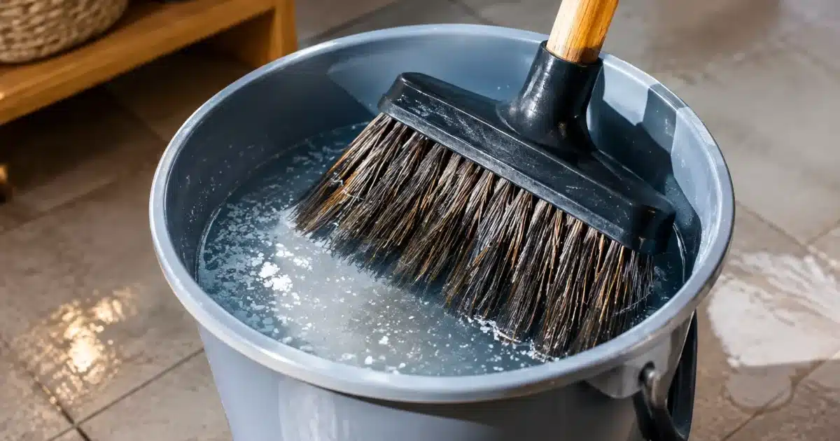 Balai aux poils immergés dans un récipient d'eau salée
