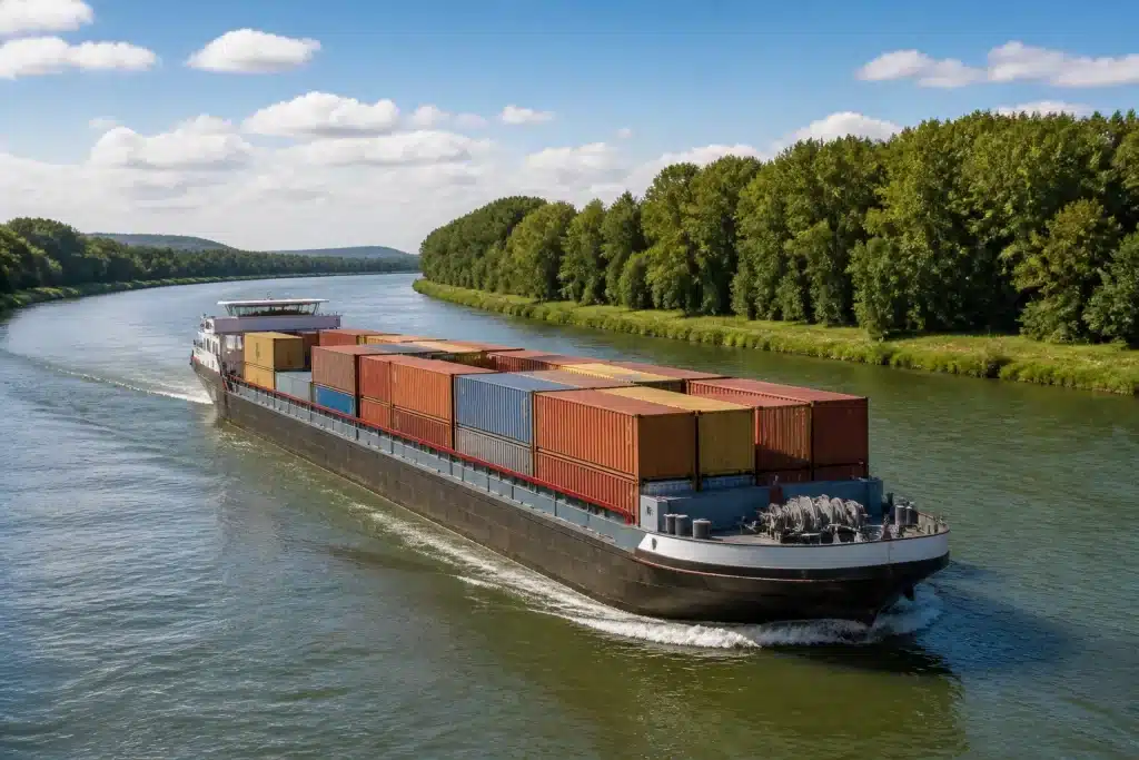 Barge chargée de conteneurs naviguant sur canal fluvial