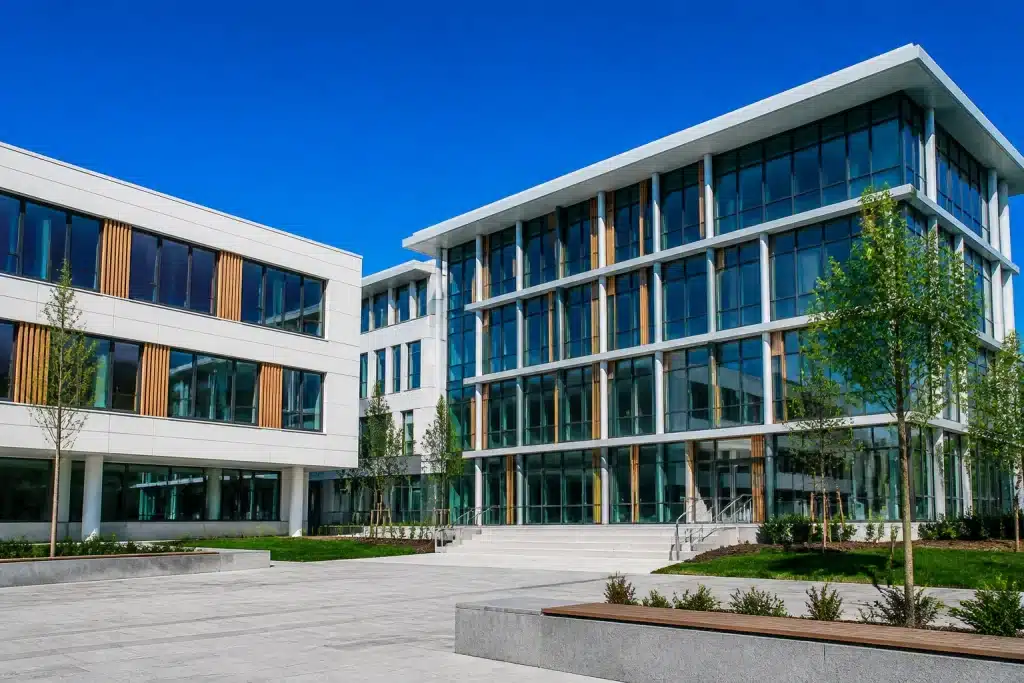 Batiments modernes d'ecoles et bureaux administratifs construits