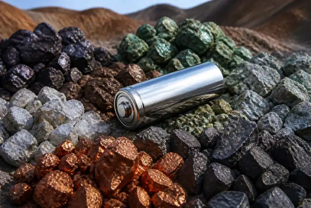 Batterie lithium brillante entouree de minerais extraits