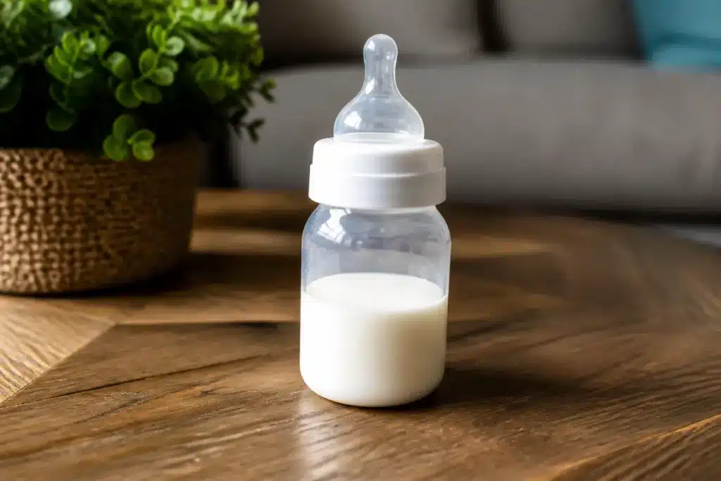 Biberon avec lait blanc partiellement rempli sur table