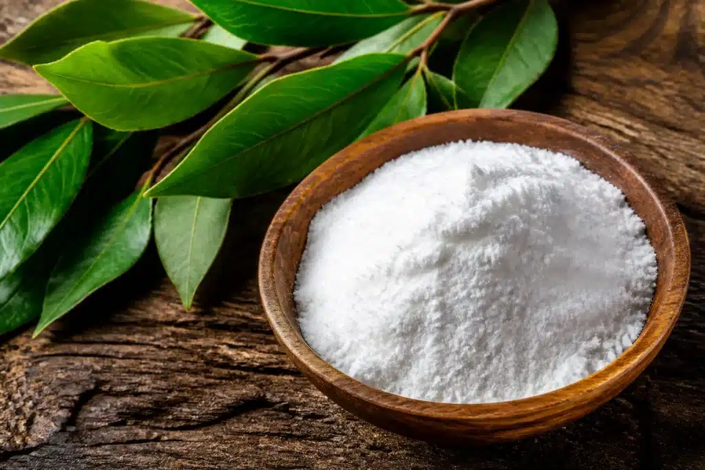 Poudre blanche bicarbonate cristaux laurier feuilles vertes