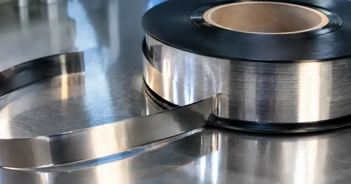 Bobine de ruban supraconducteur HTS déroulée sur surface métallique brillante