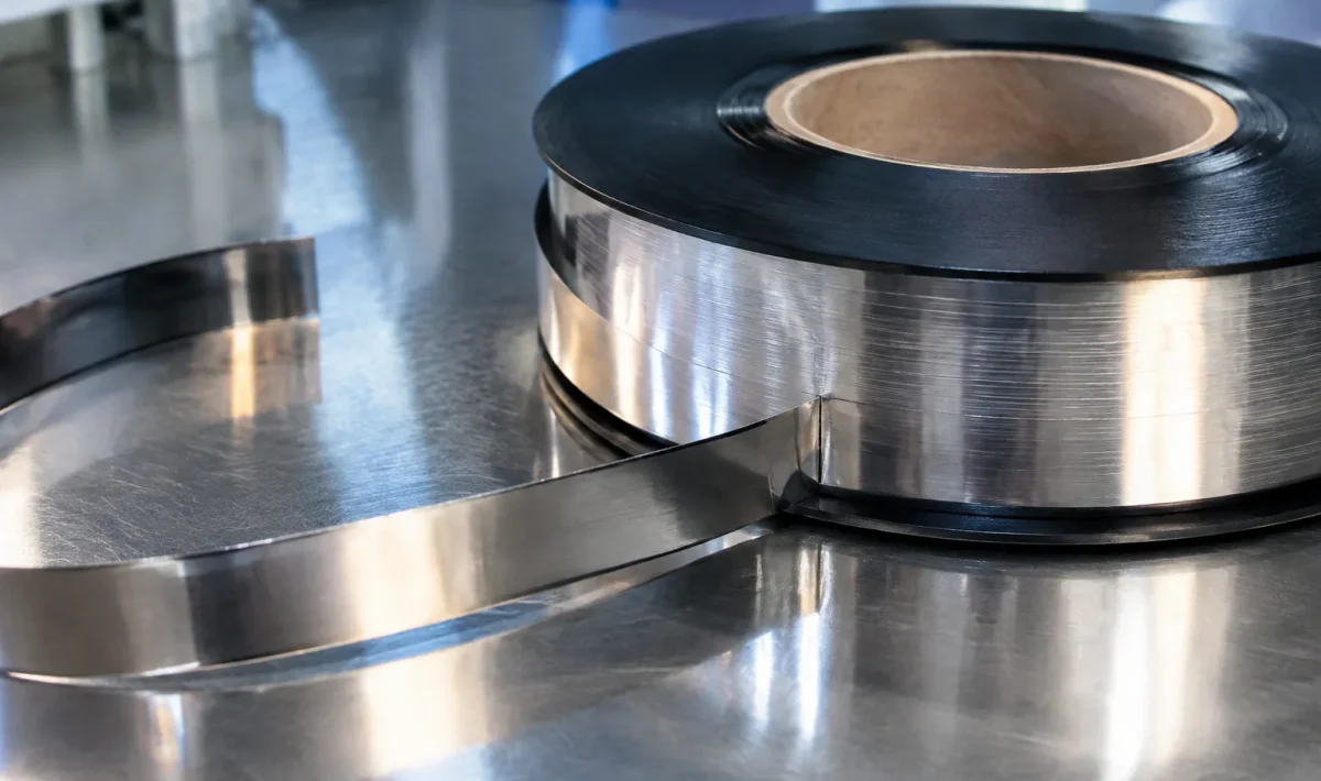 Bobine de ruban supraconducteur HTS déroulée sur surface métallique brillante
