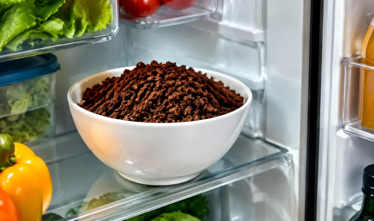 Bol rempli de marc cafe pose sur etagere refrigerateur ouvert