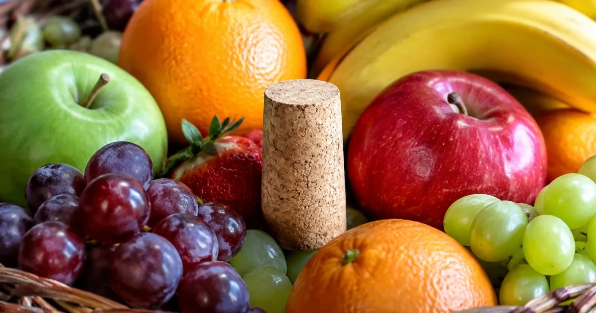 Bouchon liege pose verticalement dans corbeille fruits colorees