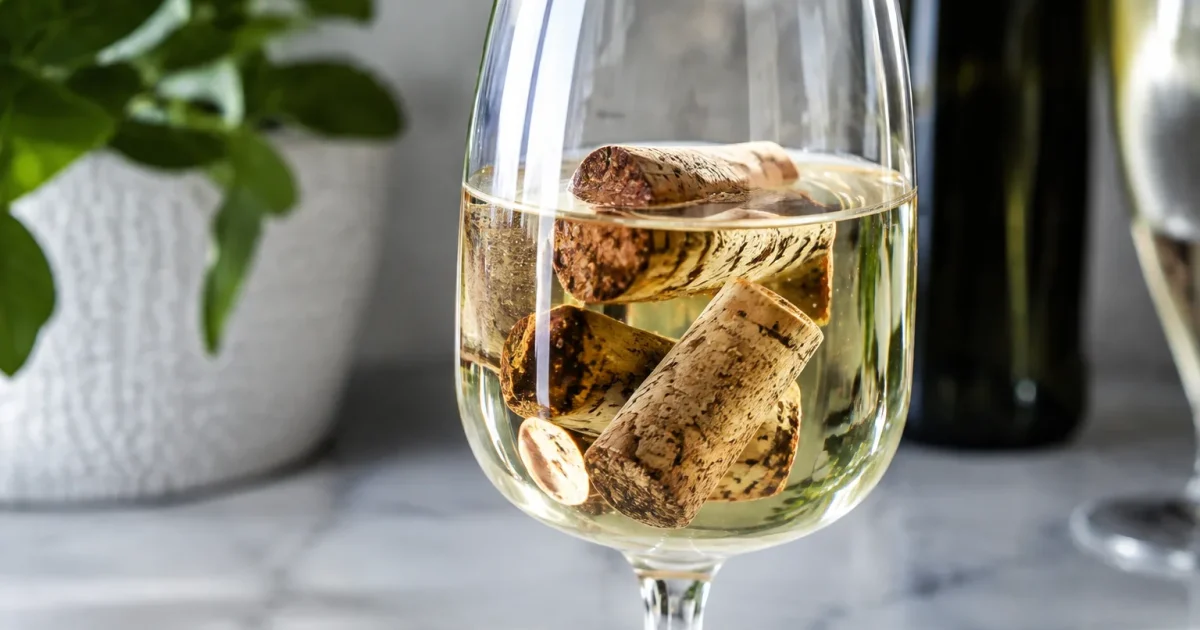 Bouchons de liege immergés dans un verre contenant liquide blanc transparent