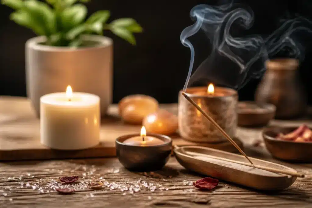 Bougies allumees et encens fumant pour relaxation quotidienne