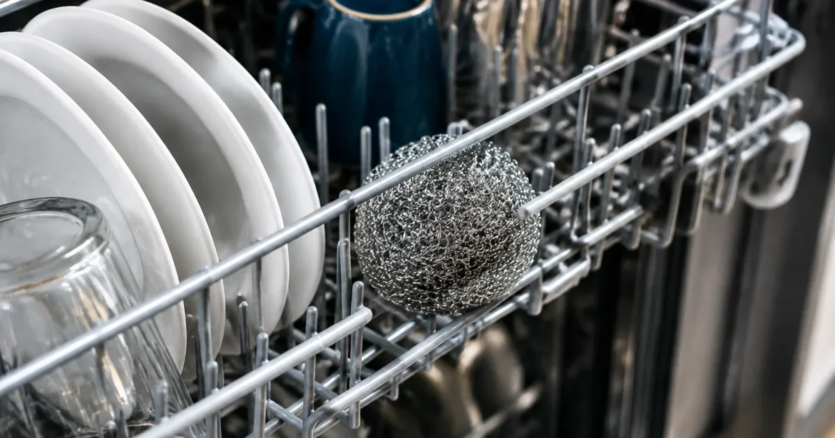 Sphere metallique argentee posee au fond du panier superieur du lave-vaisselle