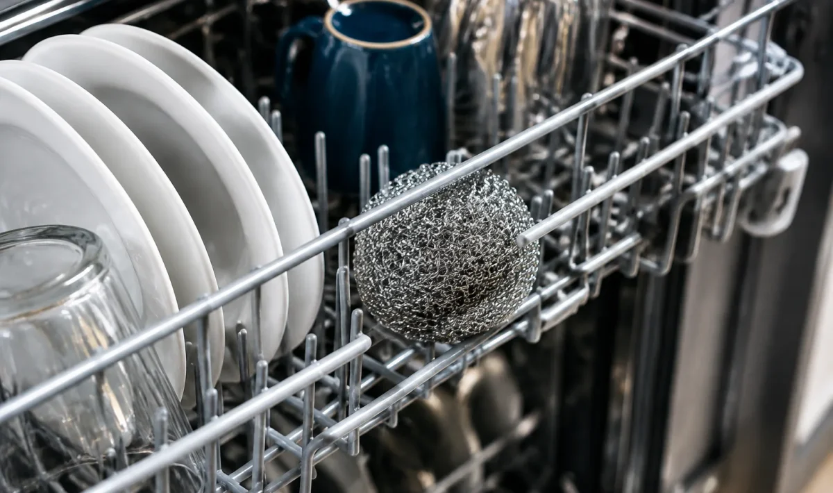 Sphere metallique argentee posee au fond du panier superieur du lave-vaisselle