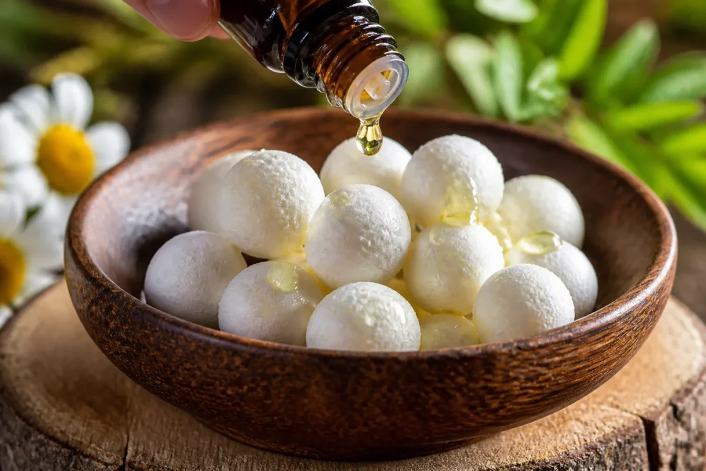 Boules blanches imbibees de gouttes huile essentielle