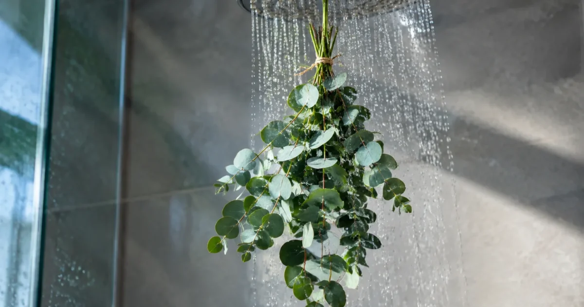 Branche eucalyptus suspendue sous pomme de douche