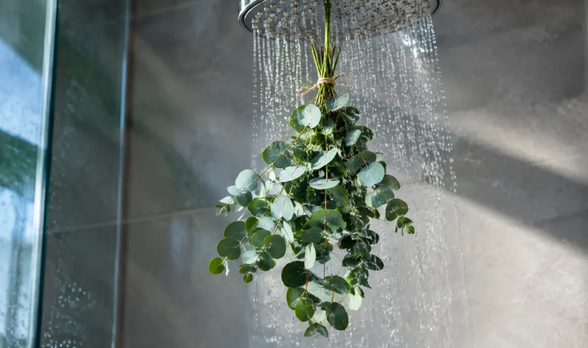 Branche eucalyptus suspendue sous pomme de douche