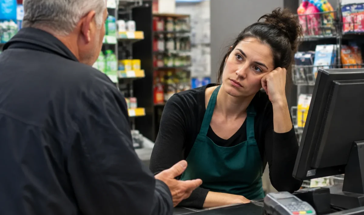 Caissiere fatiguee derriere comptoir ecoutant client parler