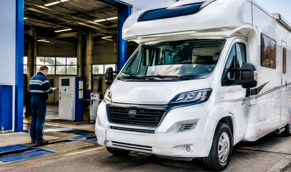 Camping-car blanc stationne pendant inspection technique officielle