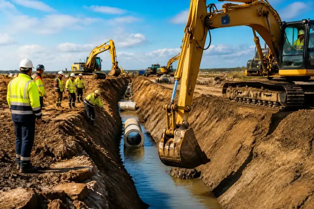 Excavation canal avec engins de chantier et équipes