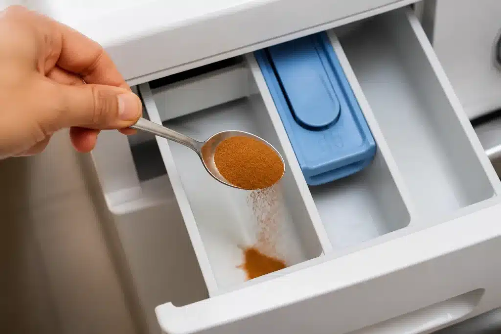 Cuillere de cannelle versee dans le compartiment machine a laver