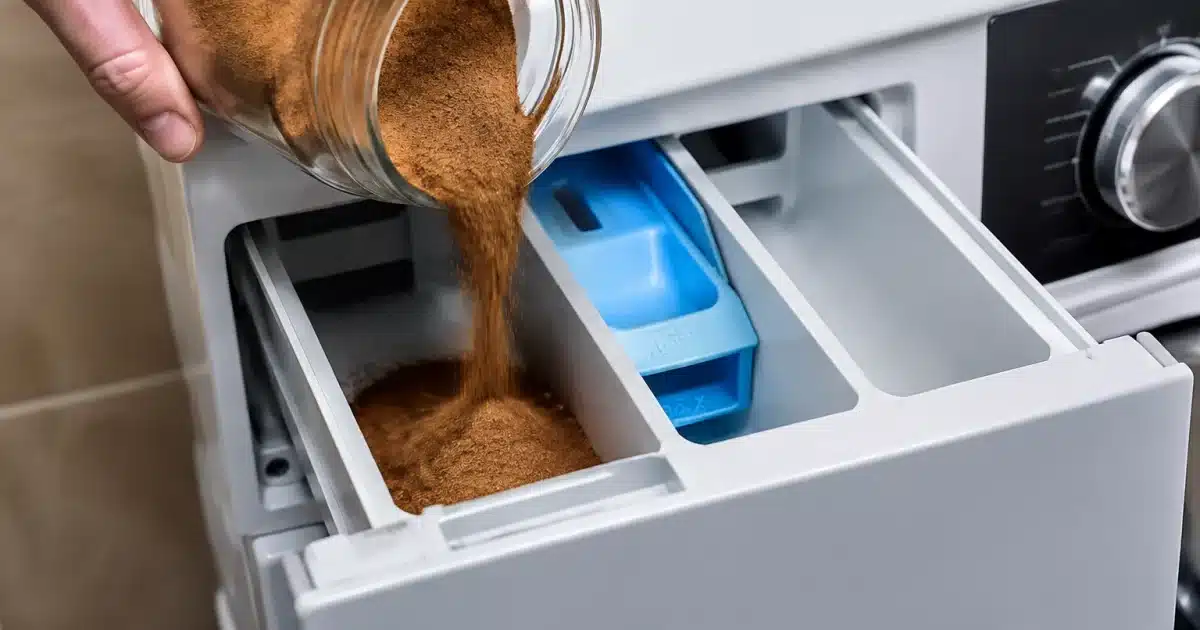 Poudre de cannelle versee dans le tiroir d'une machine a laver