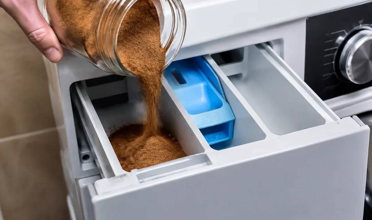 Poudre de cannelle versee dans le tiroir d'une machine a laver
