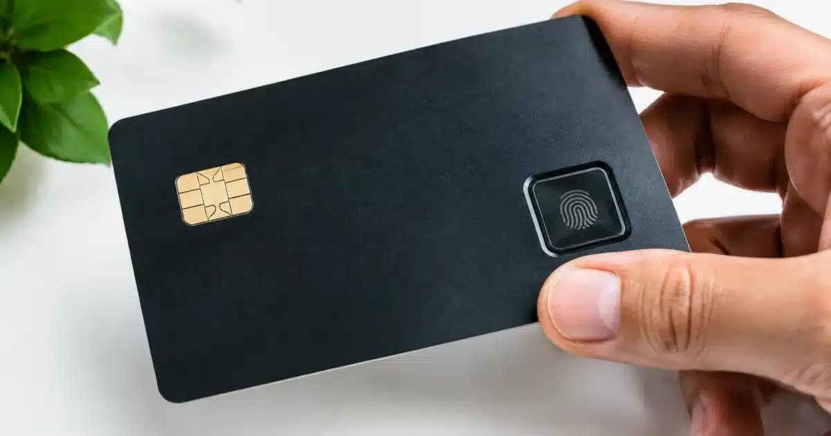 Carte bancaire avec lecteur biometrique integre sur surface blanche