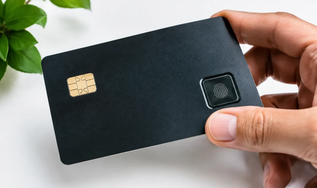 Carte bancaire avec lecteur biometrique integre sur surface blanche