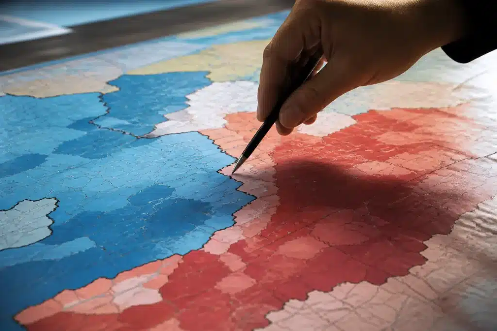 Carte administrative avec lignes de démarcation redessinees zones bleues rouges