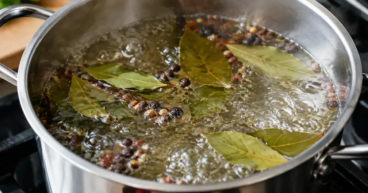 Casserole remplie d'eau bouillante avec feuilles laurier epices flottantes