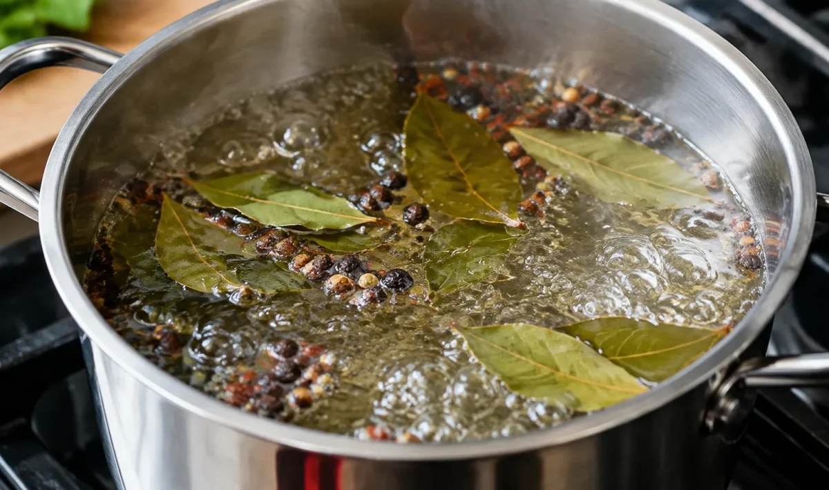 Casserole remplie d'eau bouillante avec feuilles laurier epices flottantes