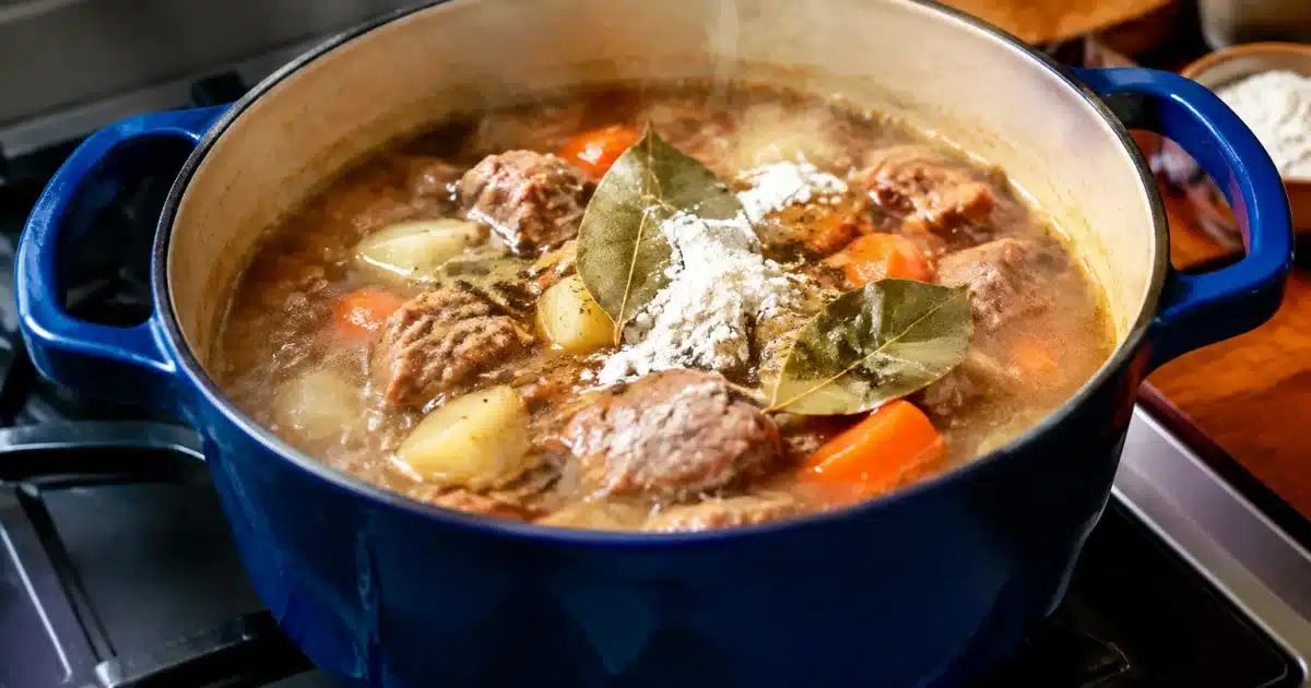 Casserole fumante sur cuisiniere avec feuilles laurier et poudre blanche dedans