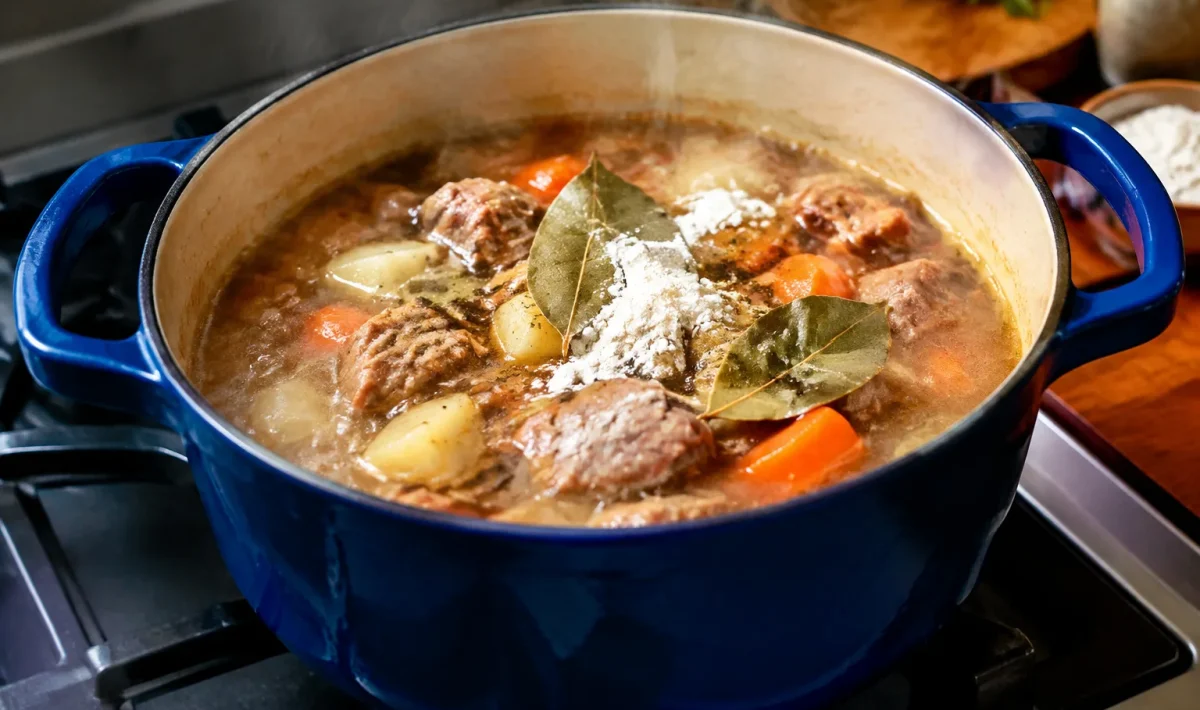 Casserole fumante sur cuisiniere avec feuilles laurier et poudre blanche dedans