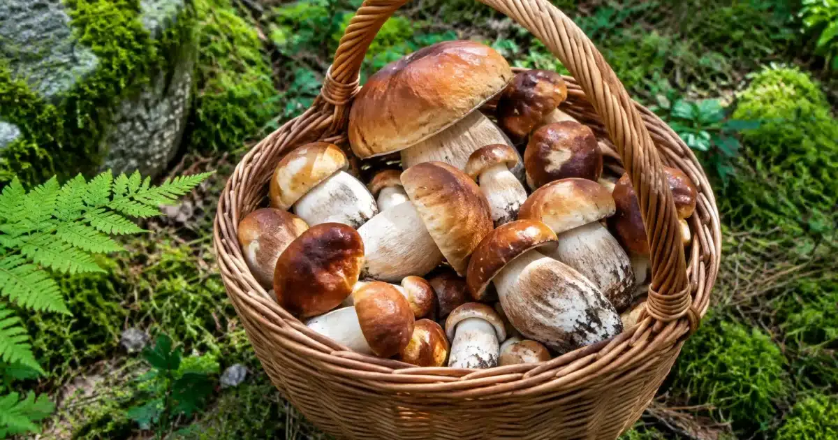 Panier rempli de champignons posé sur sol forestier