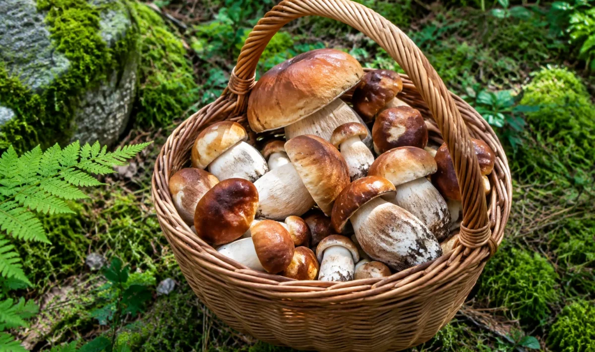 Panier rempli de champignons posé sur sol forestier