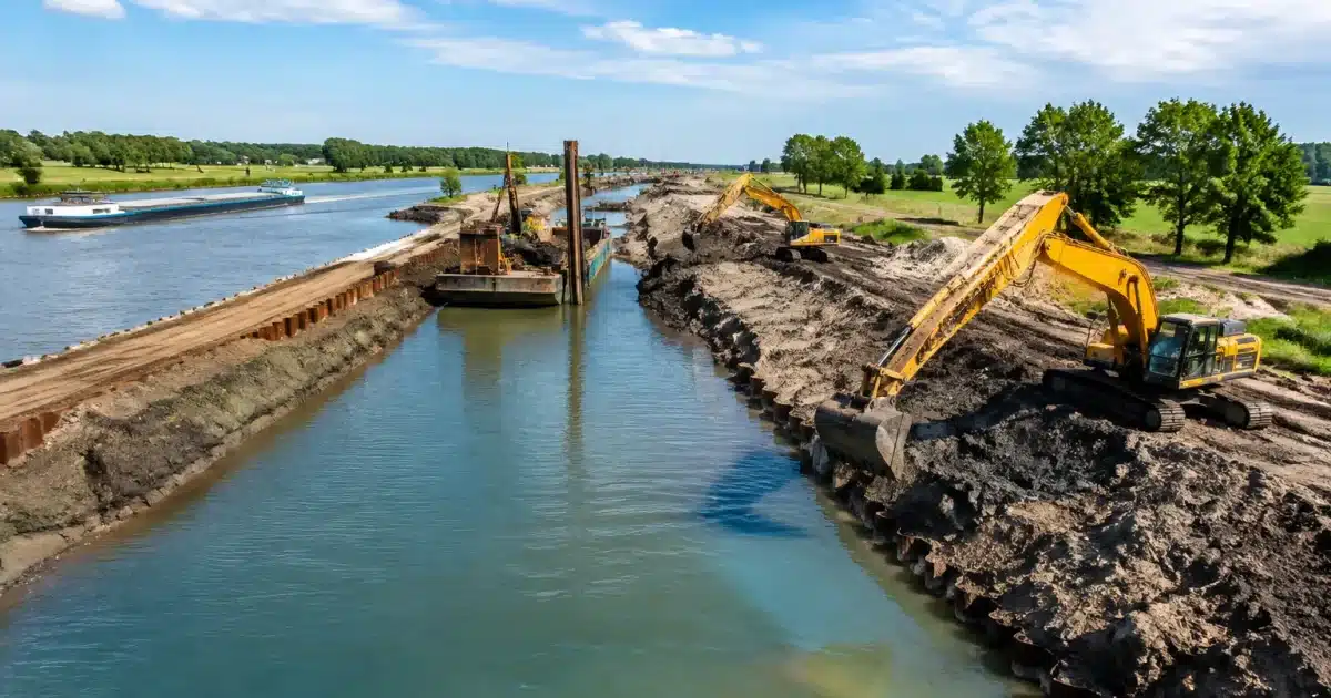 Chantier fluvial vaste avec pelleteuses creusant canal reliant deux voies navigables