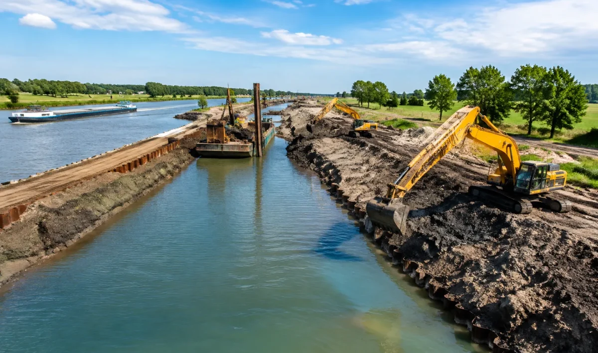 Chantier fluvial vaste avec pelleteuses creusant canal reliant deux voies navigables